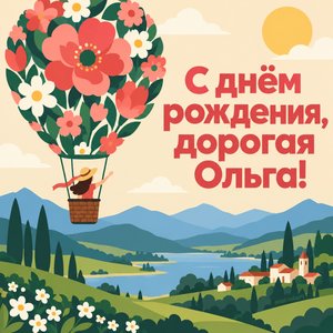 Открытка «С днём рождения, дорогая Ольга!» Ольге с цветочным воздушным шаром