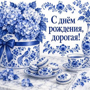 Открытка «С днём рождения, дорогая!» с гортензиями в шляпной коробке