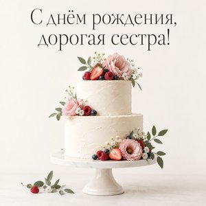 Открытка «С днём рождения, дорогая сестра!» с ягодным тортом