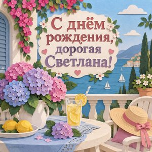 Открытка «С днём рождения, дорогая Светлана!» Светлане с гортензиями у моря