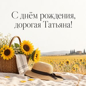 Открытка «С днём рождения, дорогая Татьяна!» Татьяне с подсолнухами и шляпой