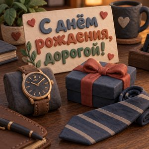 Открытка «С днём рождения, дорогой!» с часами и галстуком