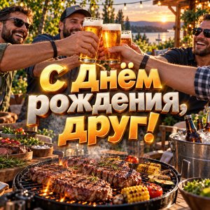 Открытка «С Днём рождения, друг!» другу с шашлыками и тостом