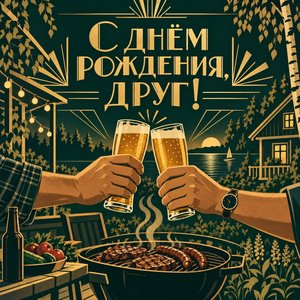 Открытка «С днём рождения, друг!» с грилем на даче