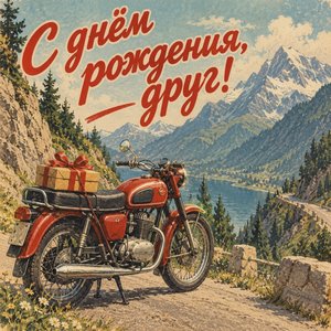 Открытка «С днём рождения, друг!» с мотоциклом