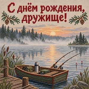 Открытка «С днём рождения, дружище!» с лодкой на рыбалке