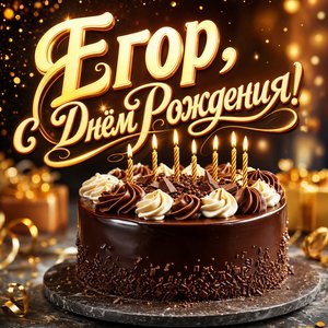 Открытка с Днем Рождения Егору с шоколадным тортом и свечами
