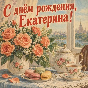 Открытка «С днём рождения, Екатерина!» Екатерине с чайным сервизом
