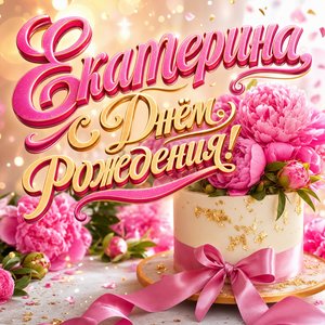 Открытка с Днем Рождения Екатерине с тортом и пионами
