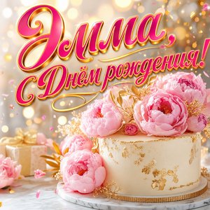 Открытка с Днем Рождения Эмме с праздничным тортом и пионами