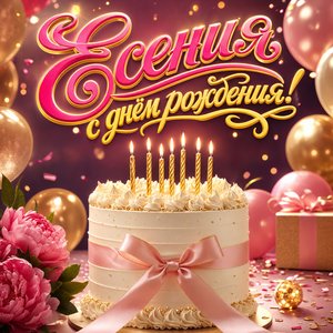 Открытка с Днем Рождения Есении с праздничным тортом и свечами