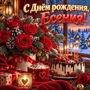Открытка «С Днём рождения, Есения!» Есении с зимним букетом