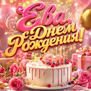 Открытка с Днем Рождения Еве с праздничным тортом и свечами