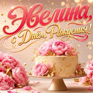 Открытка с Днем Рождения Эвелине с тортом и пионами