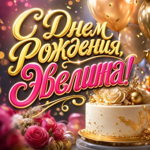Открытка с Днем Рождения Эвелине с тортом и воздушными шарами