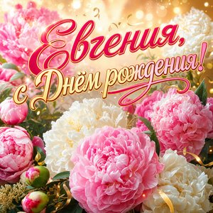 Открытка с Днем Рождения Евгении с букетом пионов