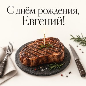 Открытка «С днём рождения, Евгений!» Евгению со стейком и свечой