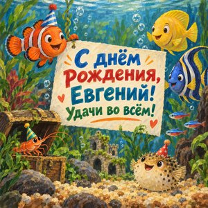 Открытка «С днём рождения, Евгений! Удачи во всём!» Евгению с аквариумом