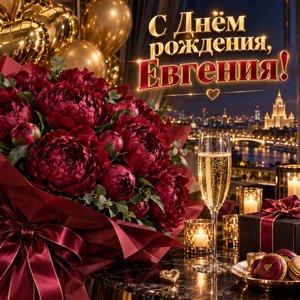 Открытка «С Днём рождения, Евгения!» Евгении с бордовыми пионами