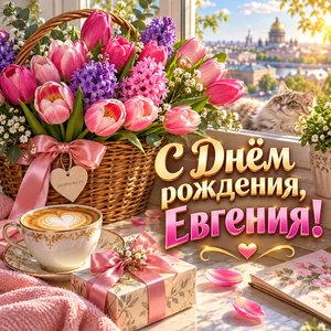 Открытка «С Днём рождения, Евгения!» Евгении с тюльпанами в корзине
