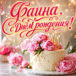 Открытка с Днем Рождения Фаине с тортом и пионами