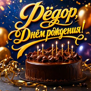 Открытка с Днем Рождения Федору с шоколадным тортом и свечами