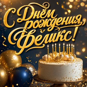 Открытка с Днем Рождения Феликсу с праздничным тортом и золотыми свечами