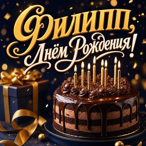 Открытка с Днем Рождения Филиппу с шоколадным тортом и свечами