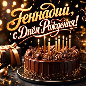Открытка с Днем Рождения Геннадию, Гене с шоколадным тортом и свечами