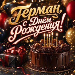 Открытка с Днем Рождения Герману с шоколадным тортом и свечами