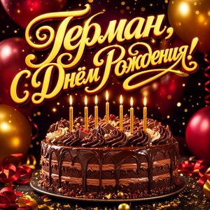 Открытка с Днем Рождения Герману с шоколадным тортом и свечами