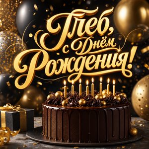 Открытка с Днем Рождения Глебу с шоколадным тортом и золотыми шарами