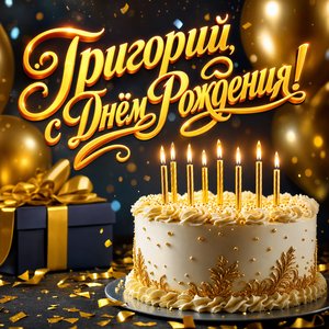 Открытка с Днем Рождения Григорию с тортом и золотыми свечами