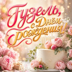 Открытка с Днем Рождения Гузель с тортом и пионами