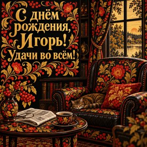 Открытка «С днём рождения, Игорь! Удачи во всём!» Игорю с креслом и газетой