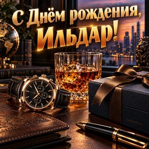 Открытка «С Днём рождения, Ильдар!» Ильдару с часами и виски