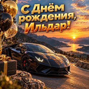 Открытка «С Днём рождения, Ильдар!» Ильдару со спортивным автомобилем