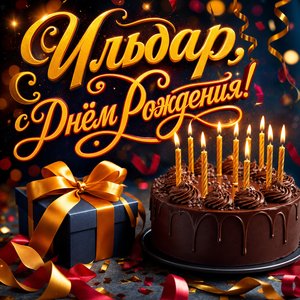 Открытка с Днем Рождения Ильдару с шоколадным тортом и свечами