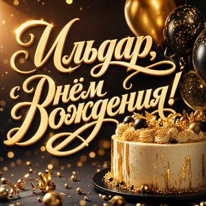 Открытка с Днем Рождения Ильдару с тортом и золотыми шарами