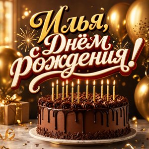 Открытка с Днем Рождения Илье с тортом и золотыми шарами