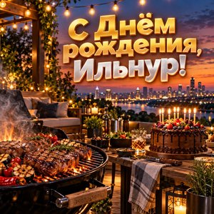 Открытка «С Днём рождения, Ильнур!» Ильнуру с грилем и огнями
