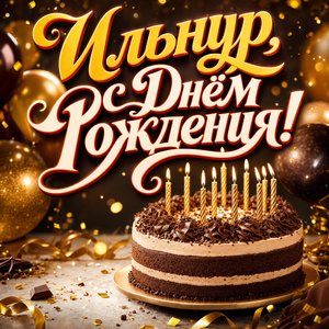 Открытка с Днем Рождения Ильнуру с праздничным тортом и свечами