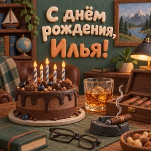 Открытка «С днём рождения, Илья!» Илье с шоколадным тортом