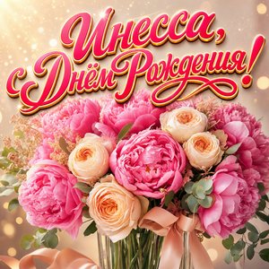 Открытка с Днем Рождения Инессе с букетом пионов