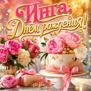 Открытка с Днем Рождения Инге с тортом и пионами