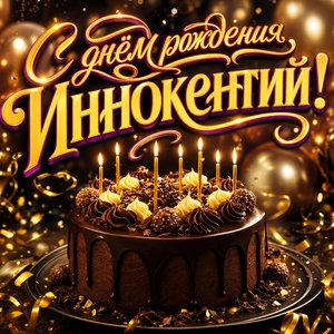Открытка с Днем Рождения Иннокентию с шоколадным тортом и свечами