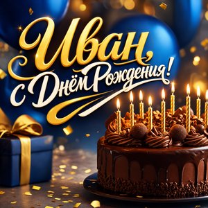 Открытка с Днем Рождения Ивану с шоколадным тортом и шарами