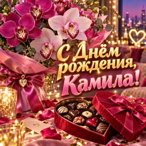 Открытка «С Днём рождения, Камила!» Камиле с орхидеями и конфетами