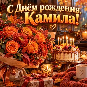 Открытка «С Днём рождения, Камила!» Камиле с осенним букетом