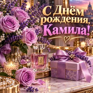 Открытка «С Днём рождения, Камила!» Камиле с сиреневыми розами и духами